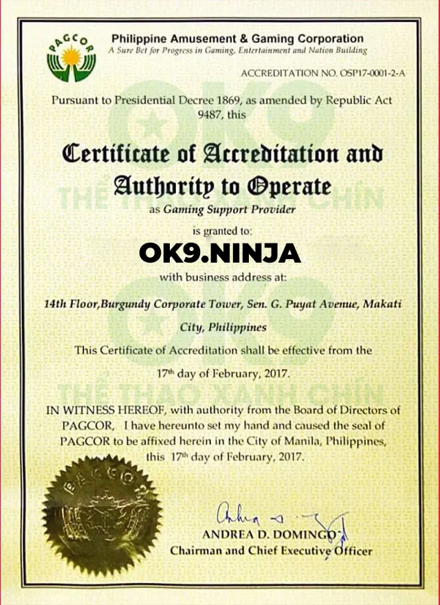 Giấy phép PAGCOR cấp phép hoạt động cho OK9.NINJA